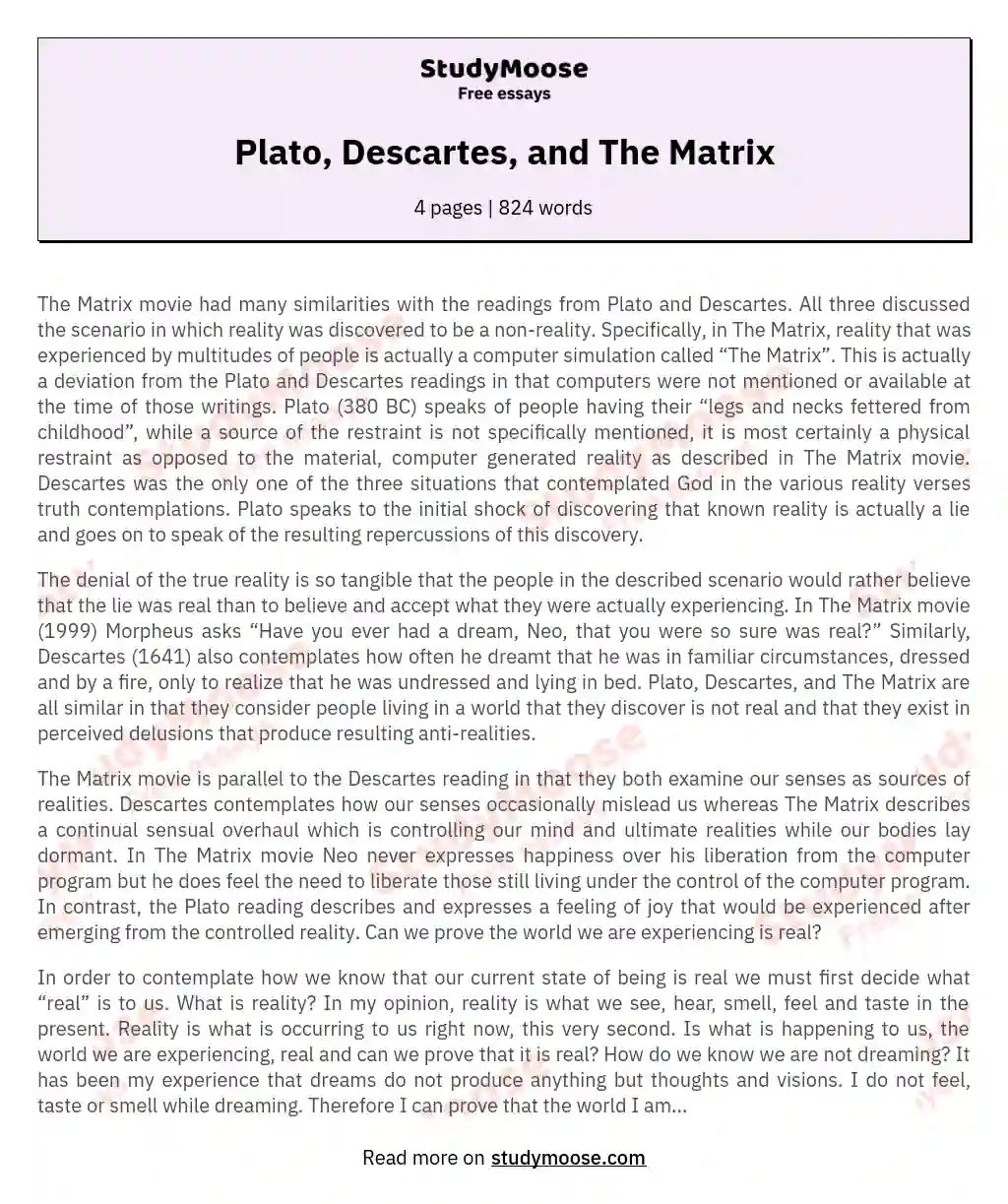 Plato, Descartes, and The Matrix essay