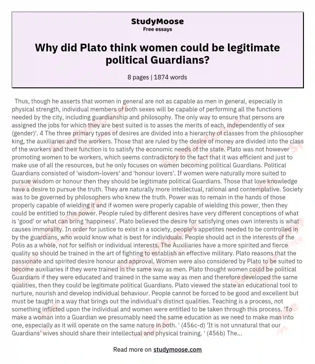 Why did Plato think women could be legitimate political Guardians?