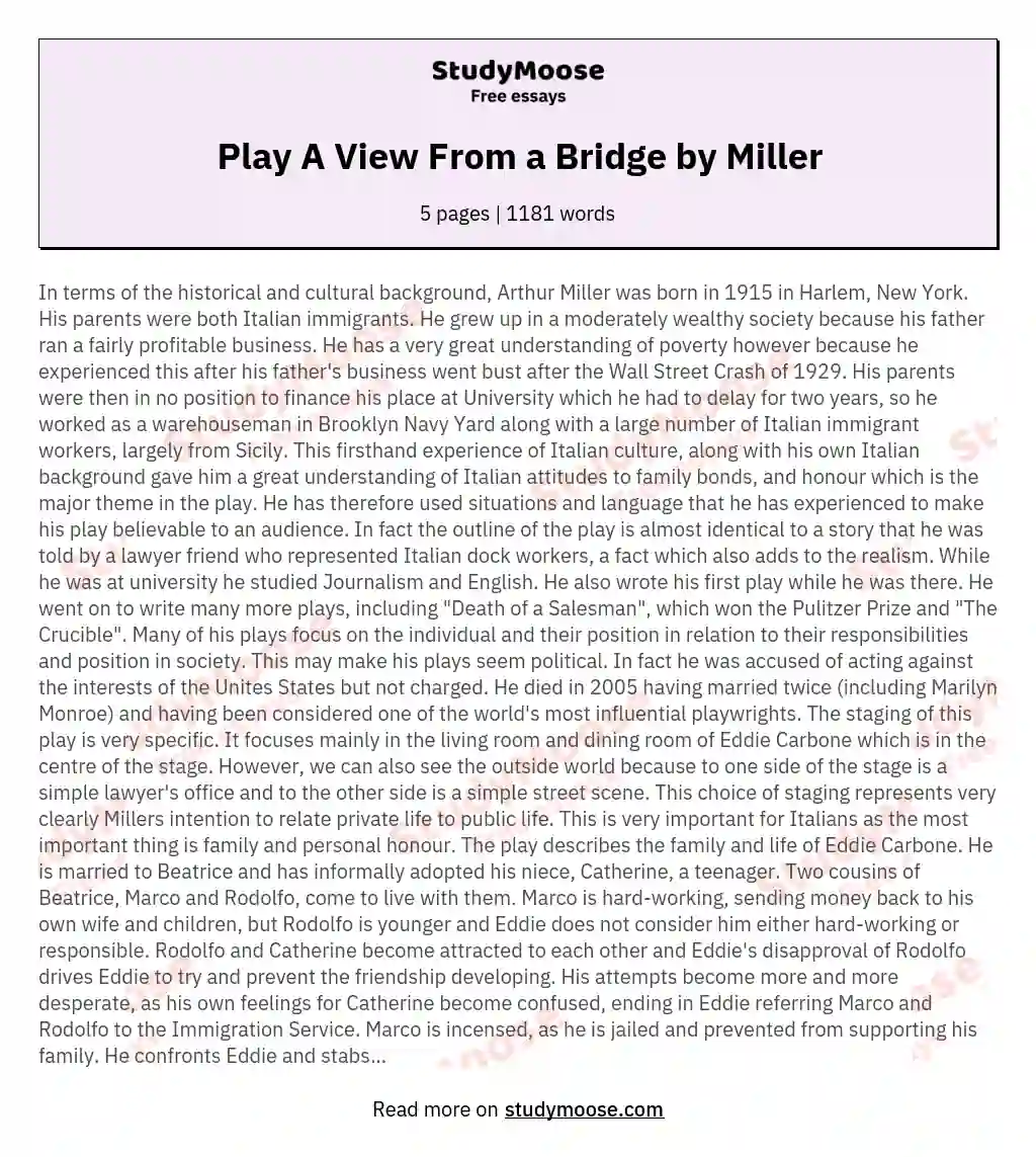 Play A View From a Bridge by Miller essay