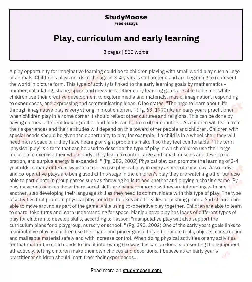 Play, curriculum and early learning essay