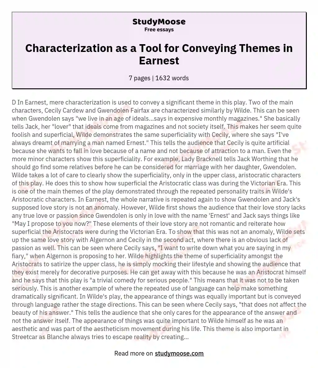 Characterization as a Tool for Conveying Themes in Earnest essay