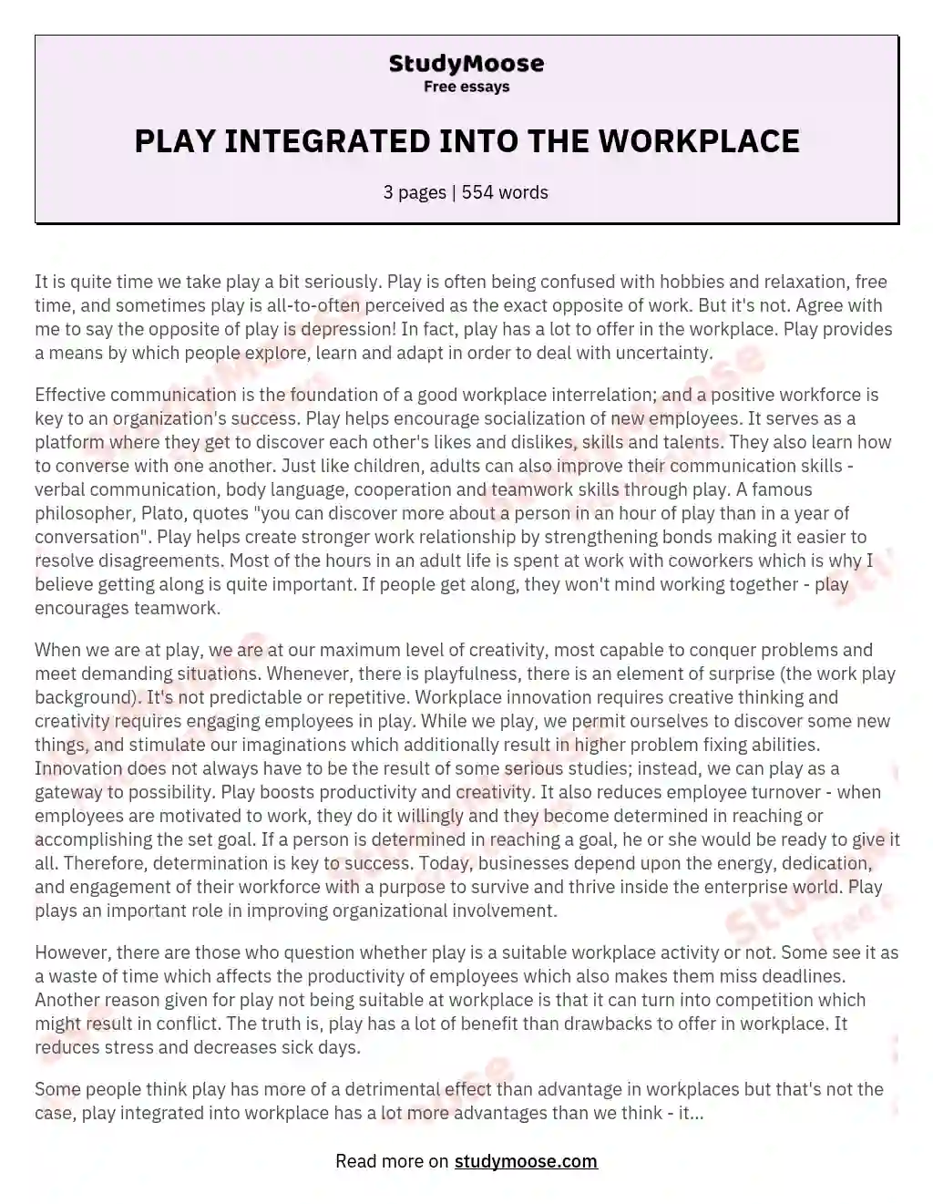 PLAY INTEGRATED INTO THE WORKPLACE essay