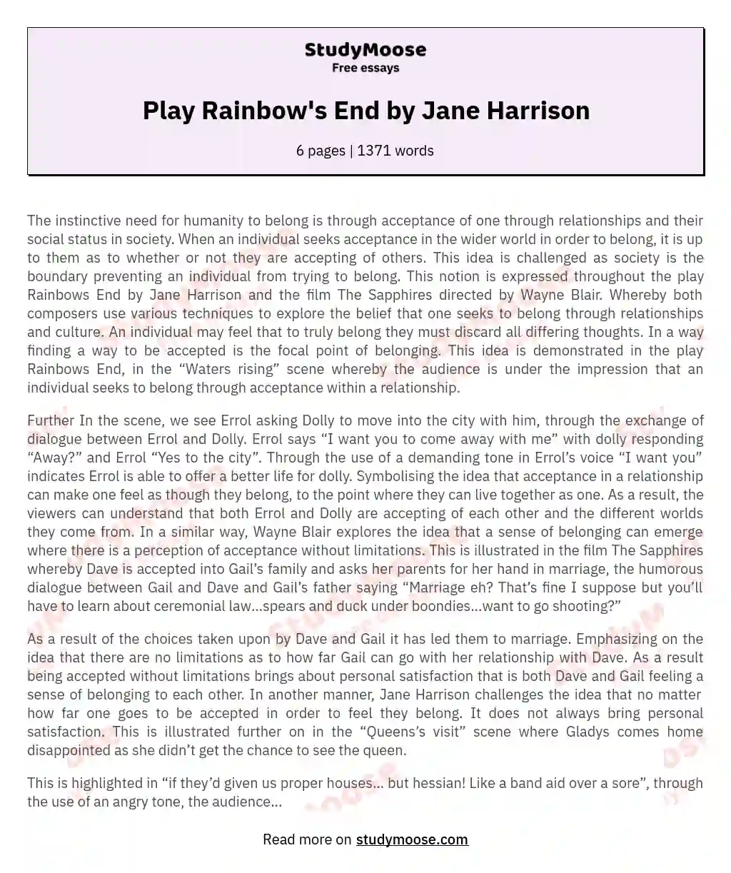 Play Rainbow's End by Jane Harrison essay