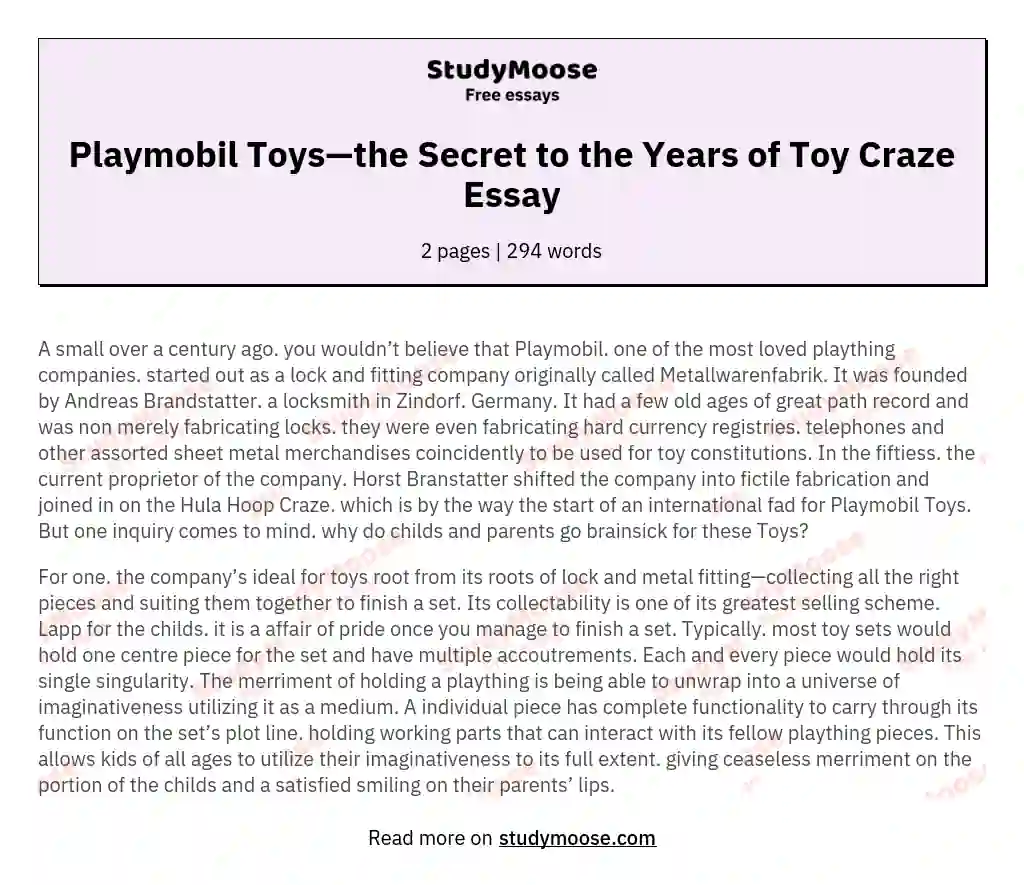 Playmobil Toys—the Secret to the Years of Toy Craze Essay