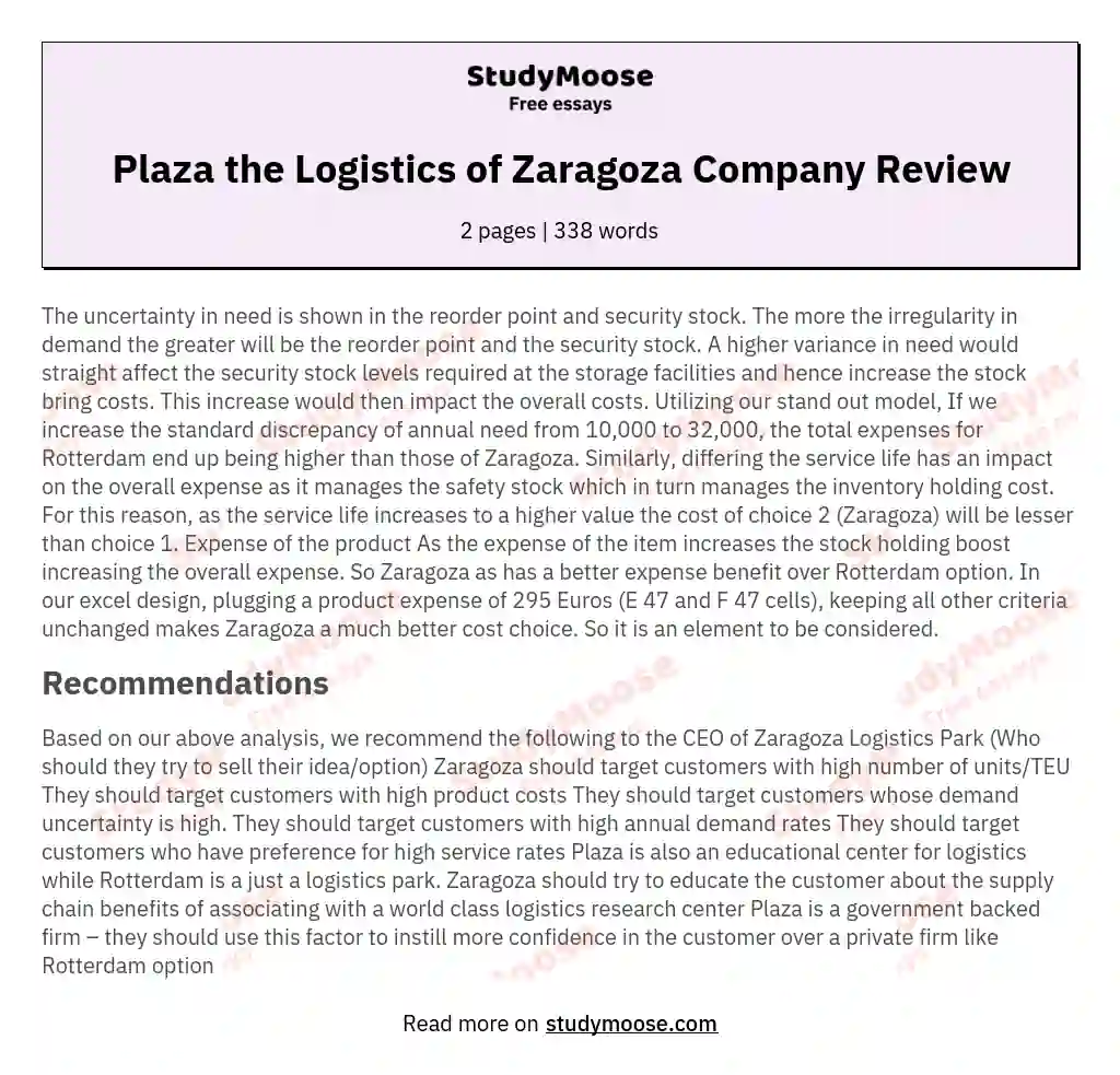 Plaza the Logistics of Zaragoza Company Review essay