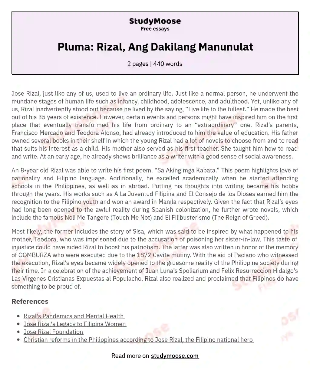 Pluma: Rizal, Ang Dakilang Manunulat essay