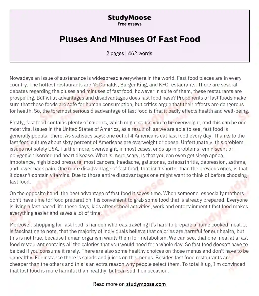 Pluses And Minuses Of Fast Food essay