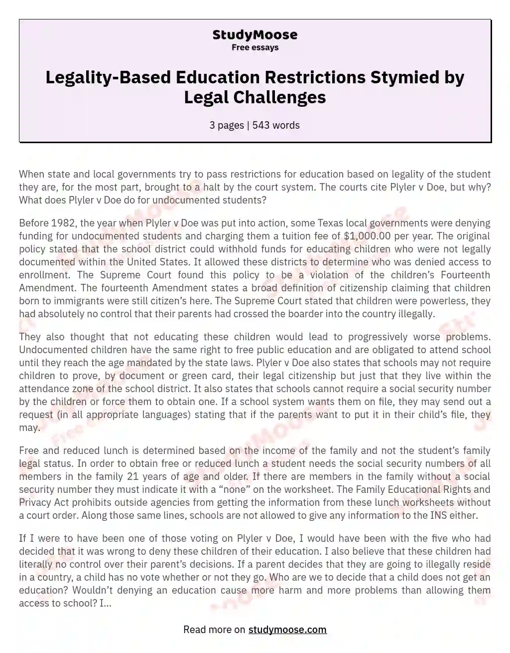 Legality-Based Education Restrictions Stymied by Legal Challenges essay