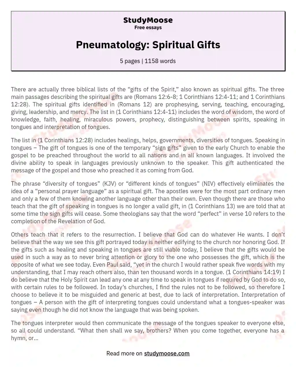 Pneumatology: Spiritual Gifts essay