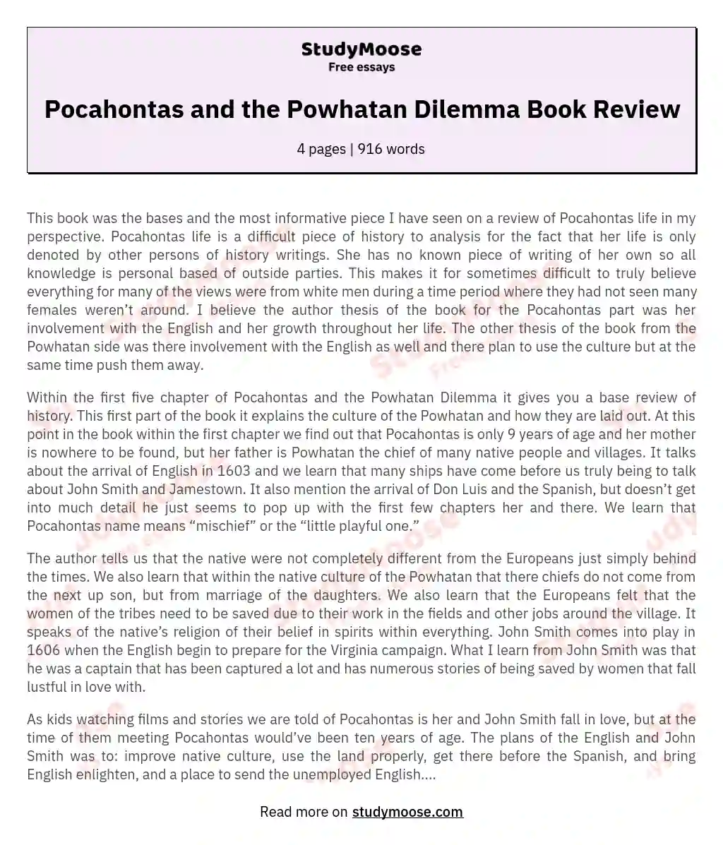 Pocahontas and the Powhatan Dilemma Book Review essay
