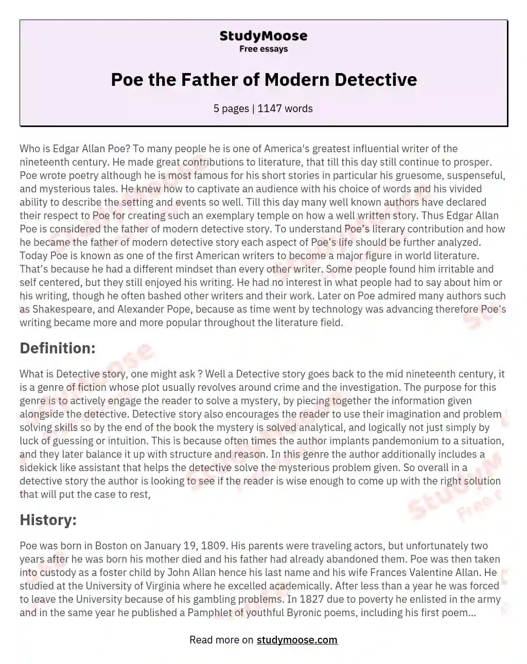 Poe the Father of Modern Detective essay
