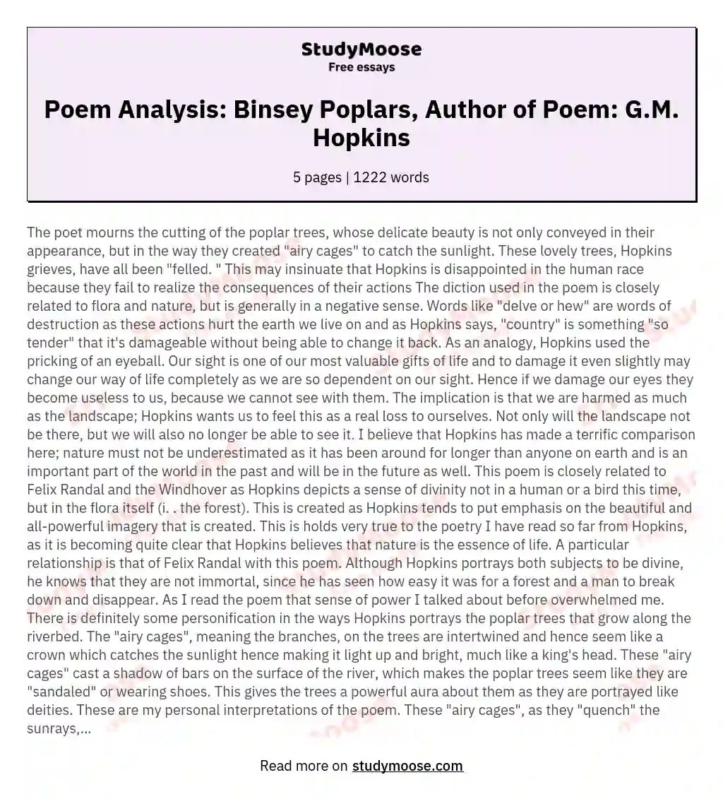 Poem Analysis: Binsey Poplars, Author of Poem: G.M. Hopkins