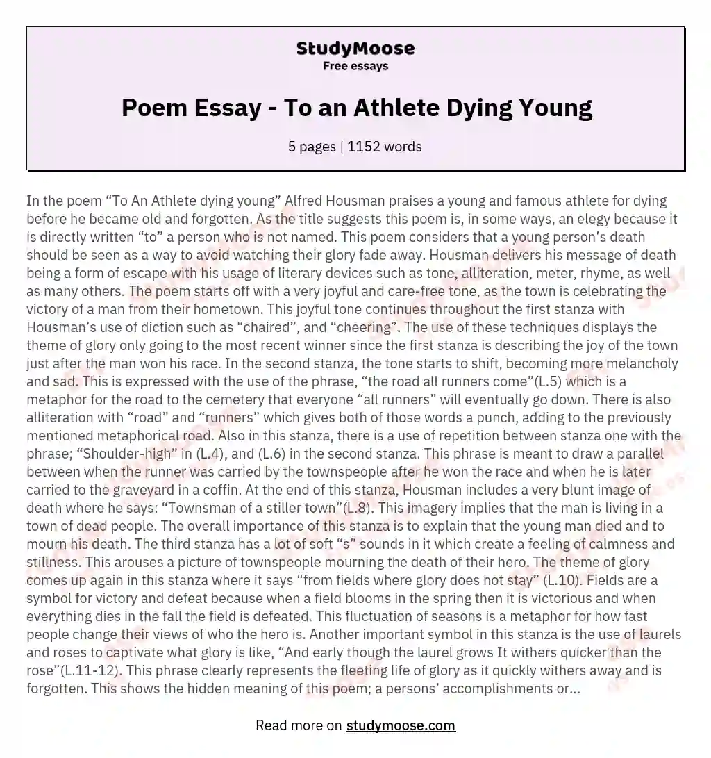 to an athlete dying young by ae housman analysis