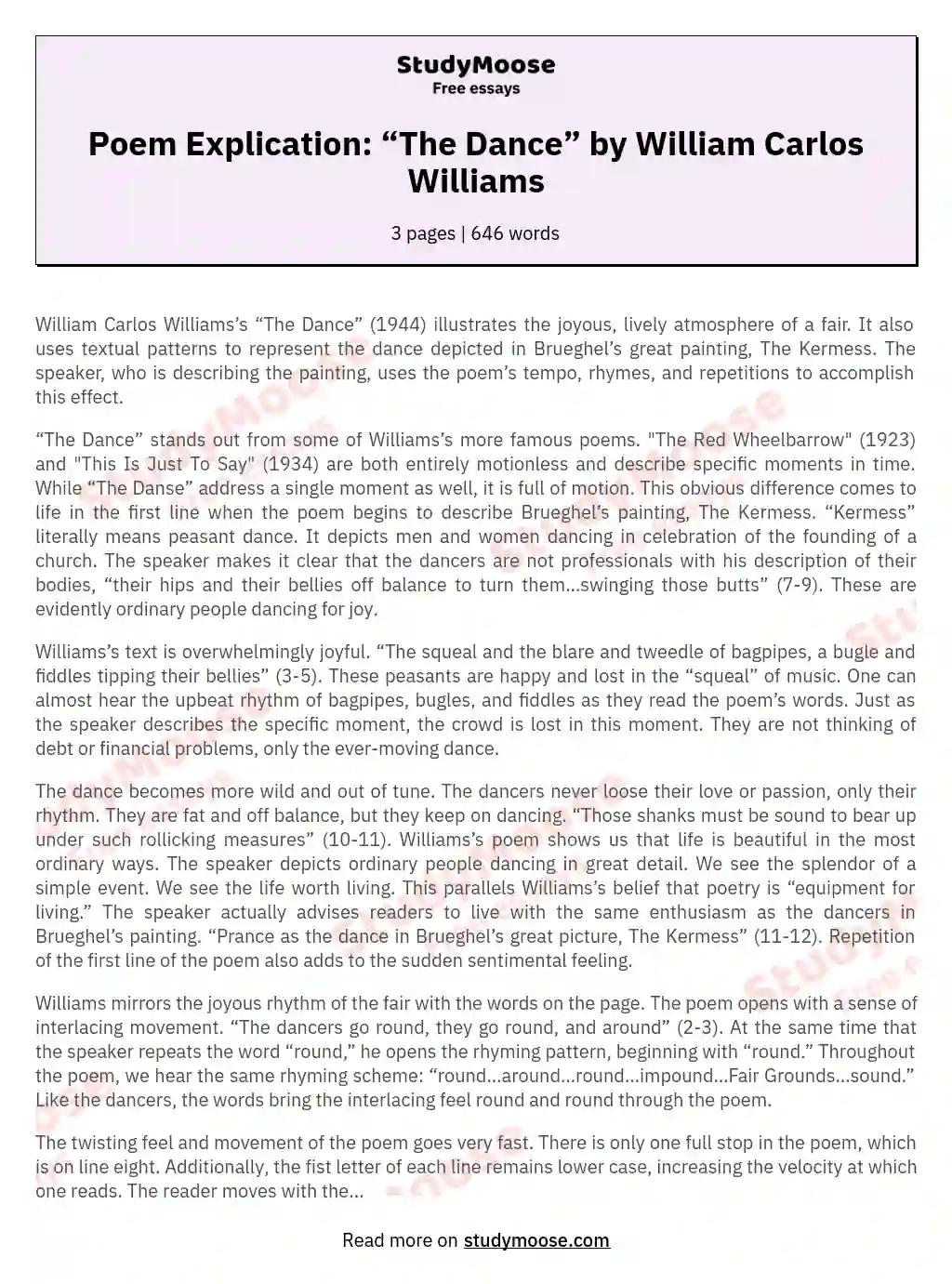 Poem Explication: “The Dance” by William Carlos Williams essay