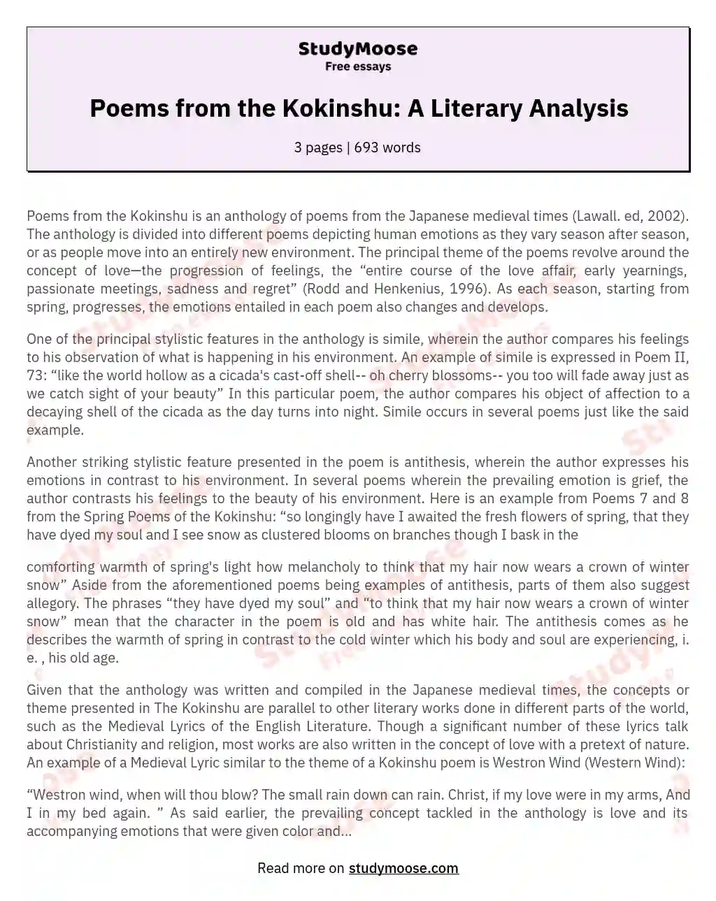 Poems from the Kokinshu: A Literary Analysis