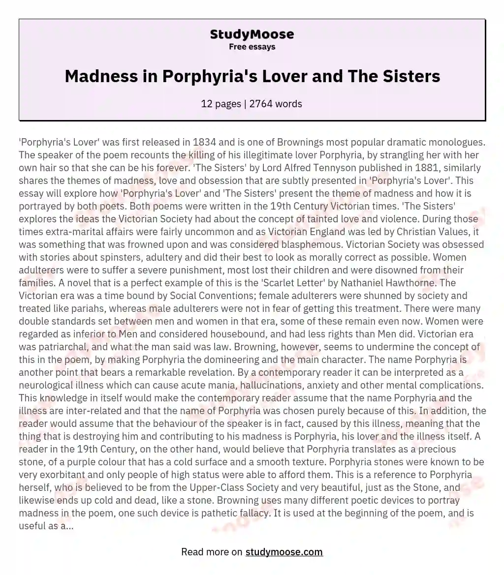 Madness in Porphyria's Lover and The Sisters essay