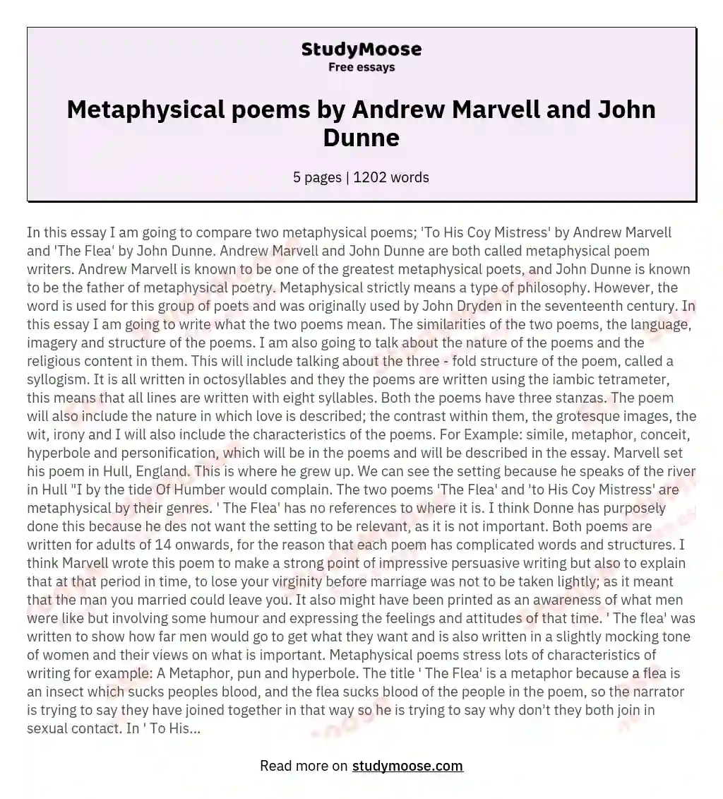 Metaphysical poems by Andrew Marvell and John Dunne essay