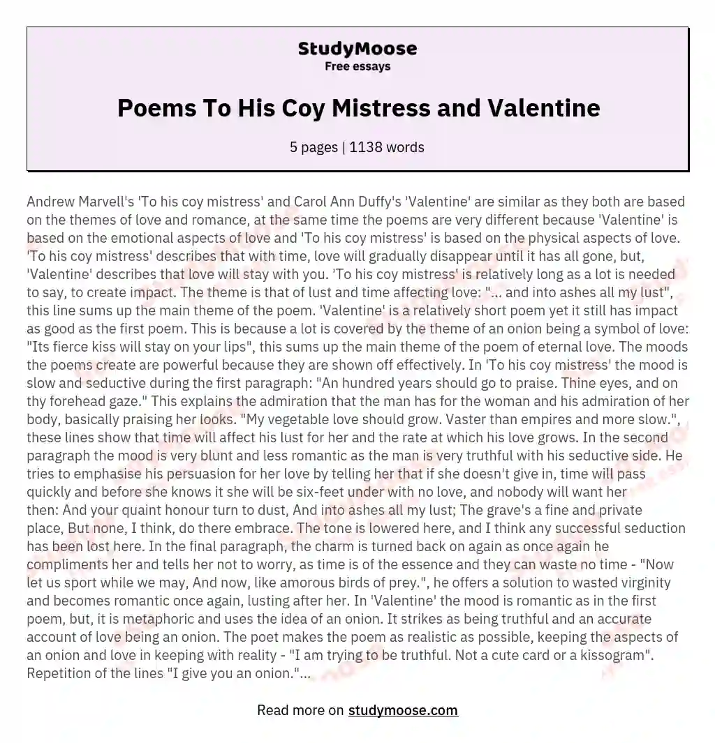 Poems To His Coy Mistress and Valentine