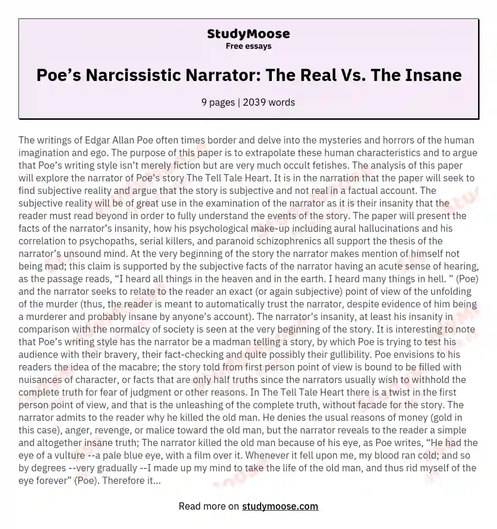 Poe’s Narcissistic Narrator: The Real Vs. The Insane essay