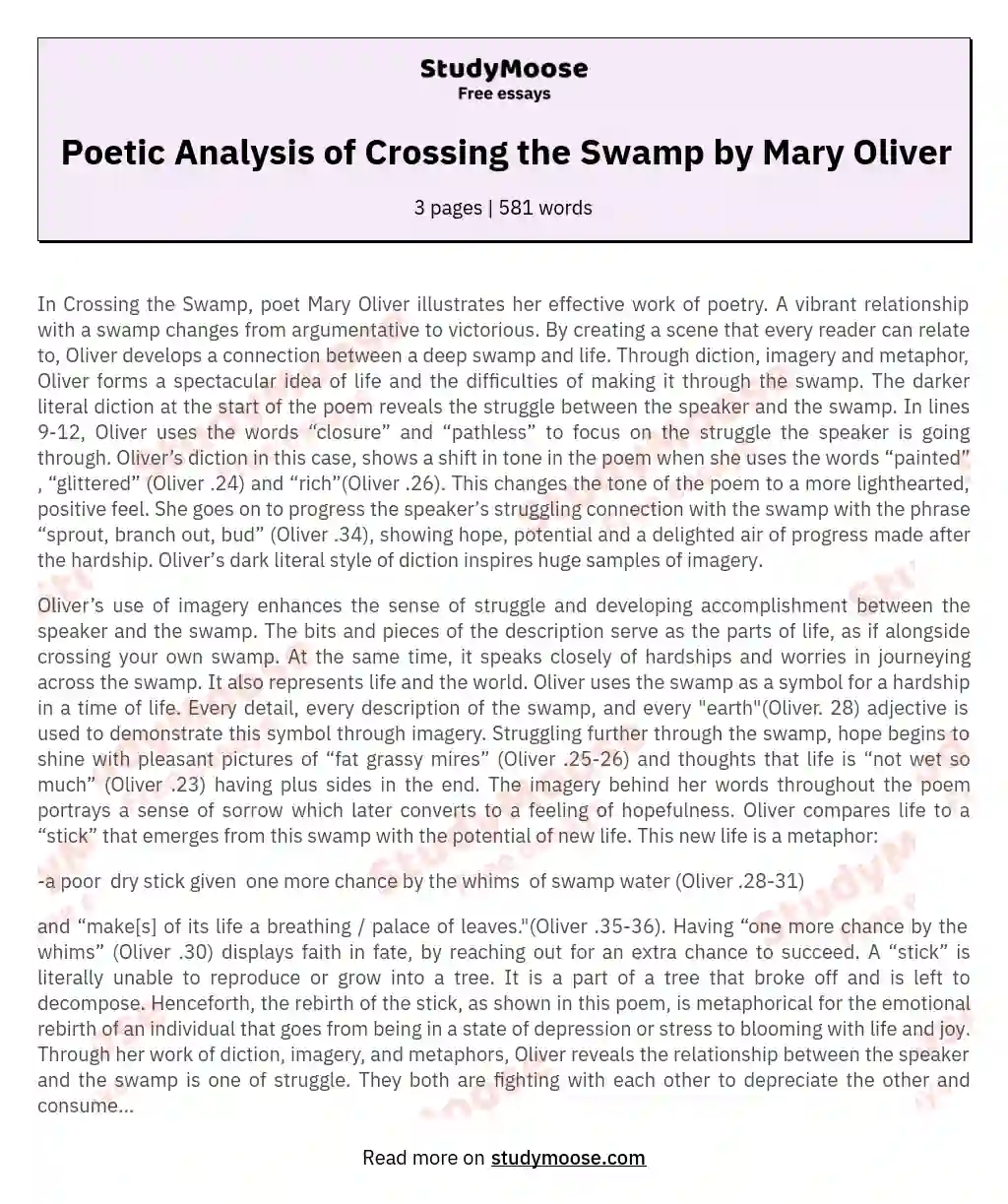 Poetic Analysis of Crossing the Swamp by Mary Oliver essay