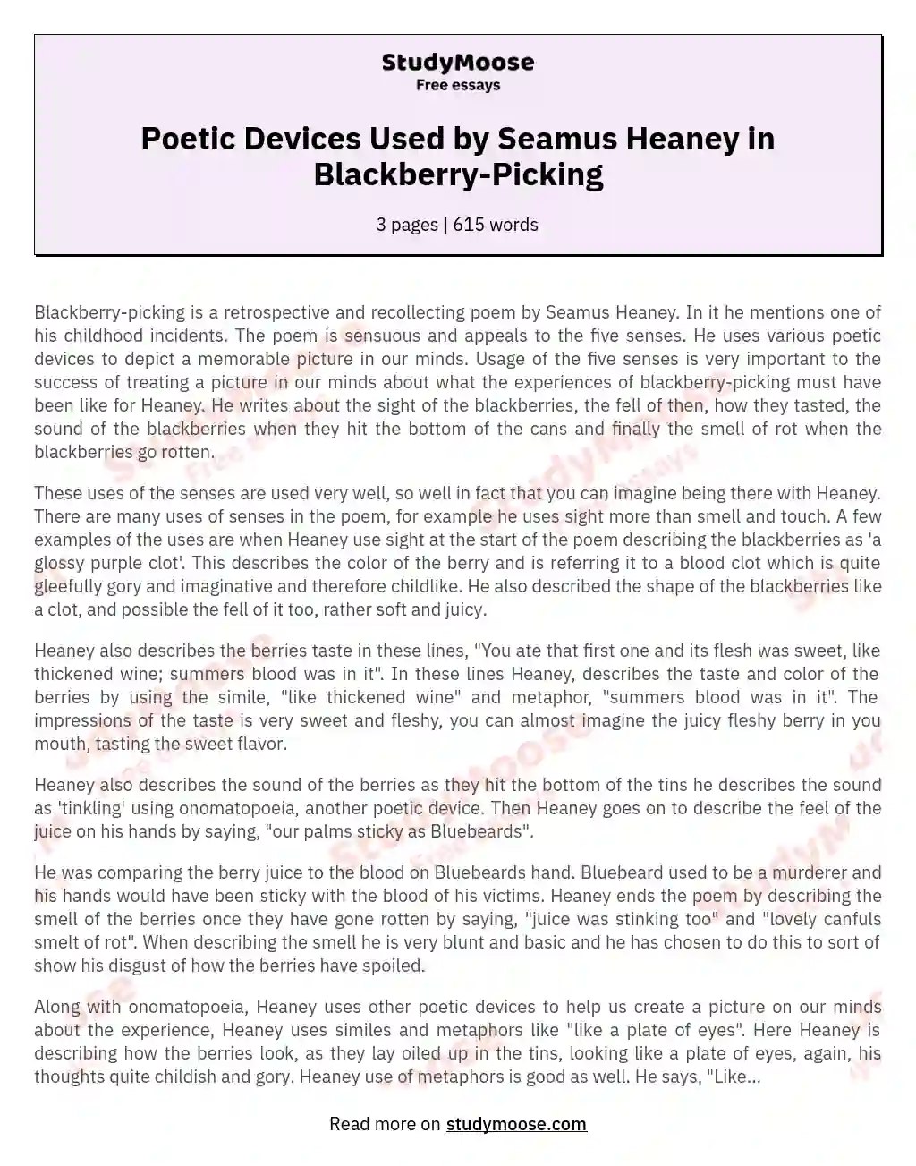 Poetic Devices Used by Seamus Heaney in Blackberry-Picking essay