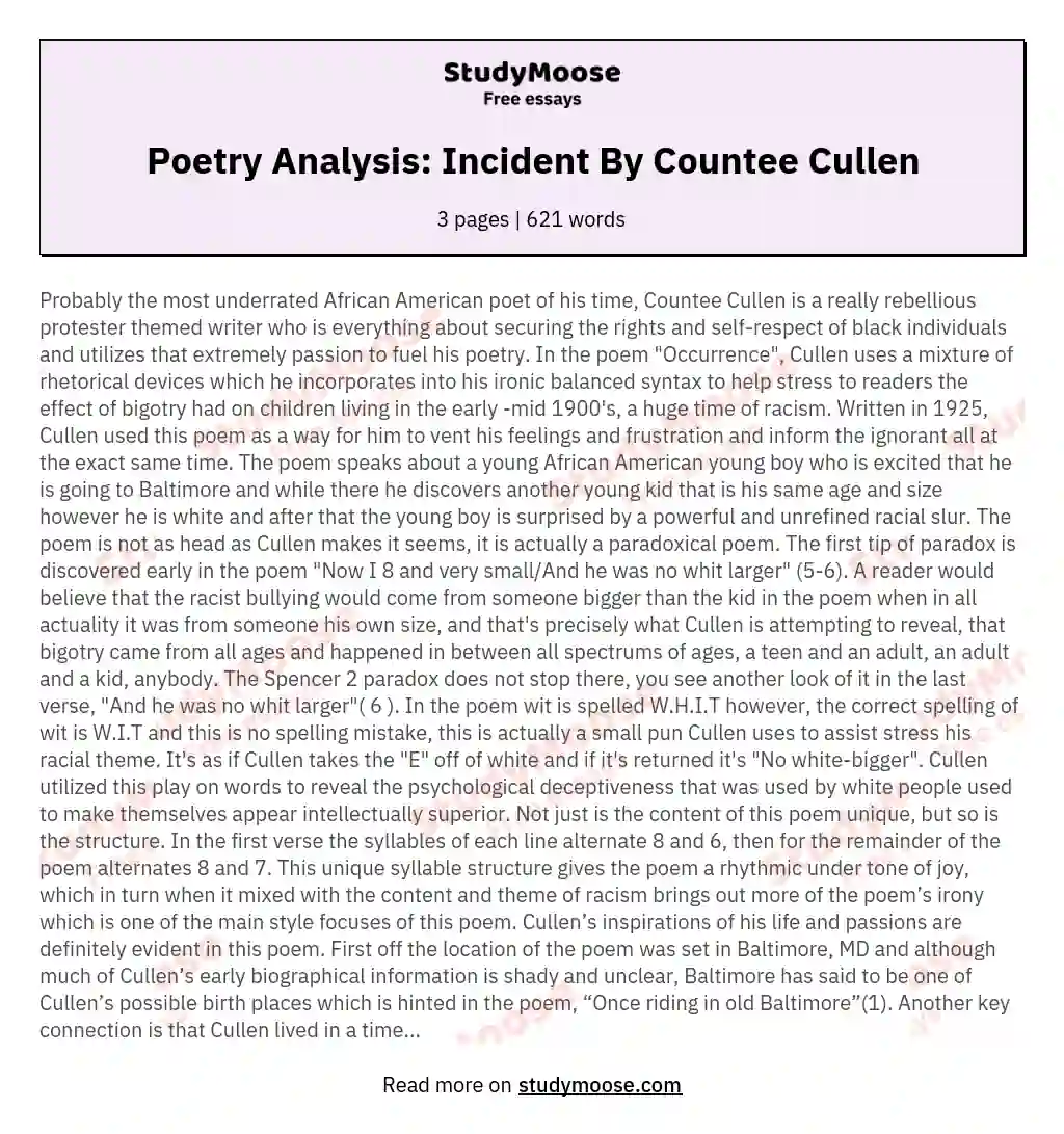 Poetry Analysis: Incident By Countee Cullen essay