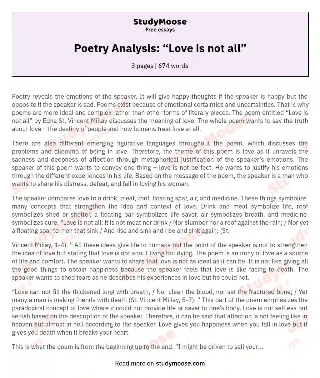 Poetry Analysis: “Love is not all” essay