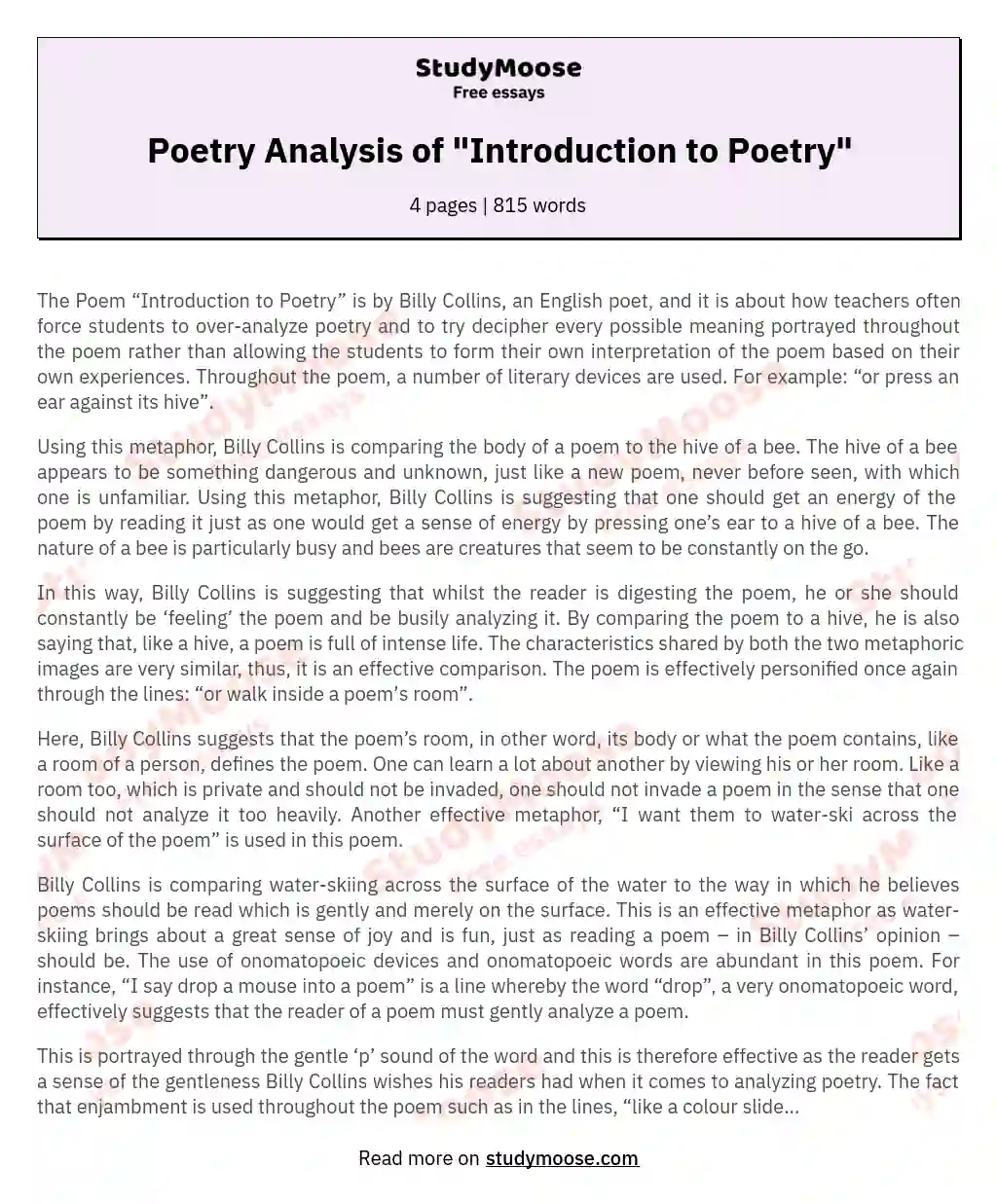 Exploring Poetry's Depths: A Study of Billy Collins essay
