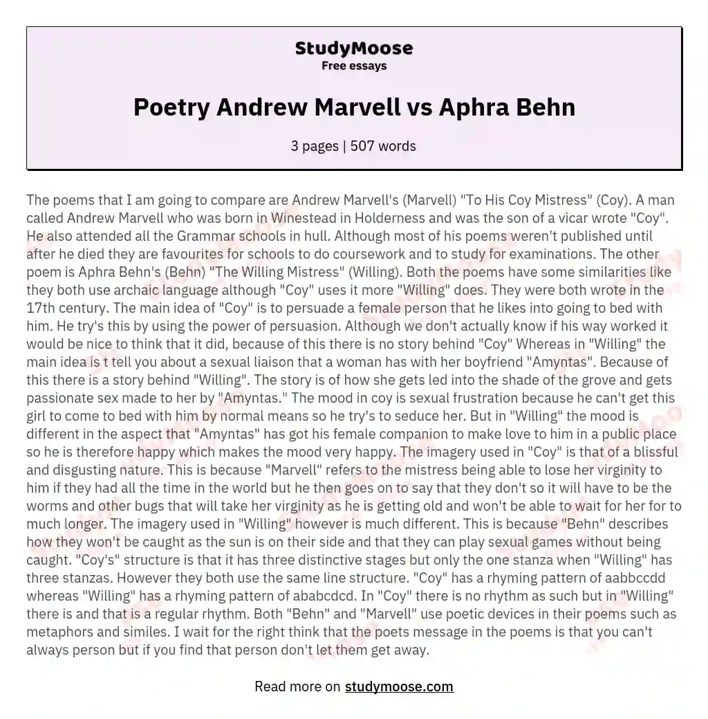 Poetry Andrew Marvell vs Aphra Behn