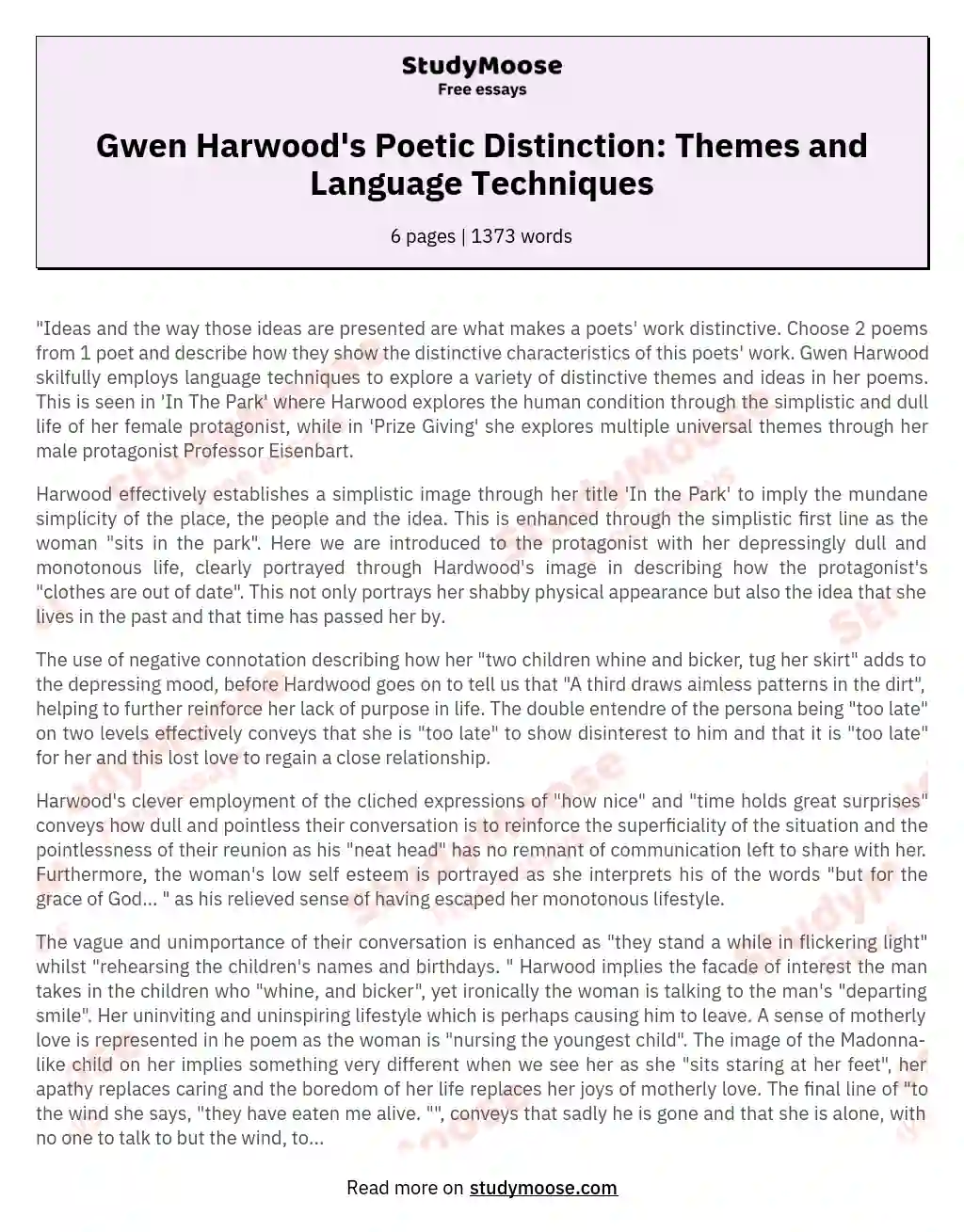 Gwen Harwood's Poetic Distinction: Themes and Language Techniques essay