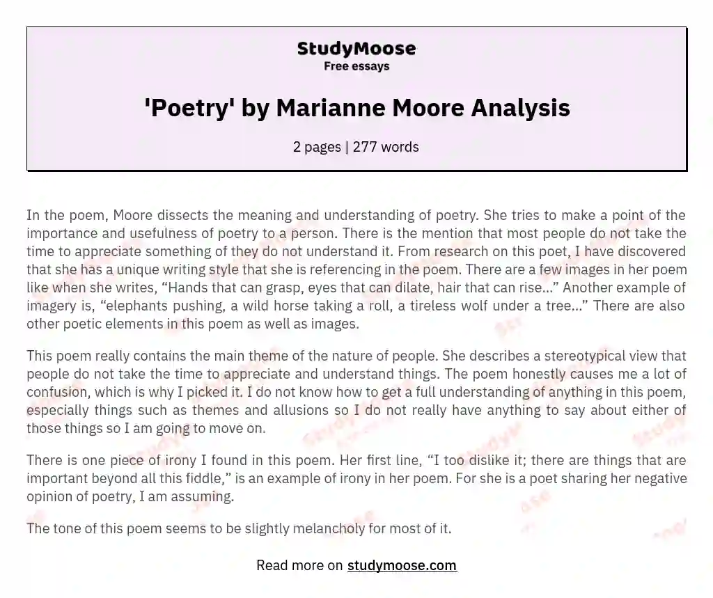 'Poetry' by Marianne Moore Analysis essay