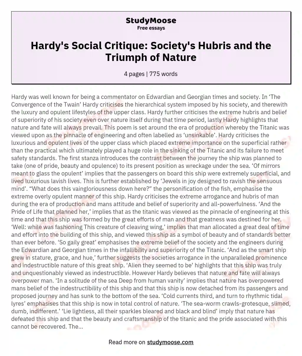 Hardy's Social Critique: Society's Hubris and the Triumph of Nature essay