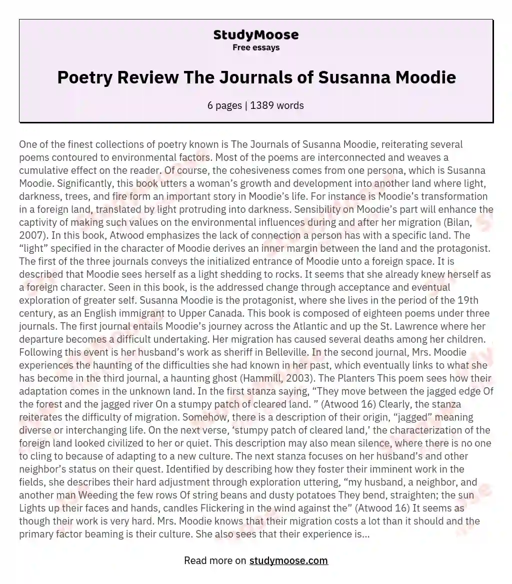 Poetry Review The Journals of Susanna Moodie essay