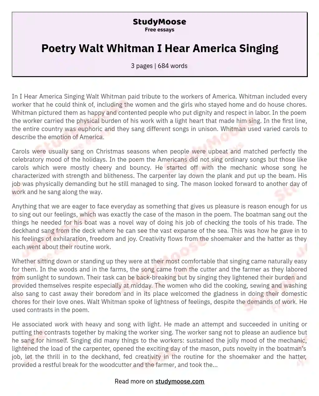 Poetry Walt Whitman I Hear America Singing