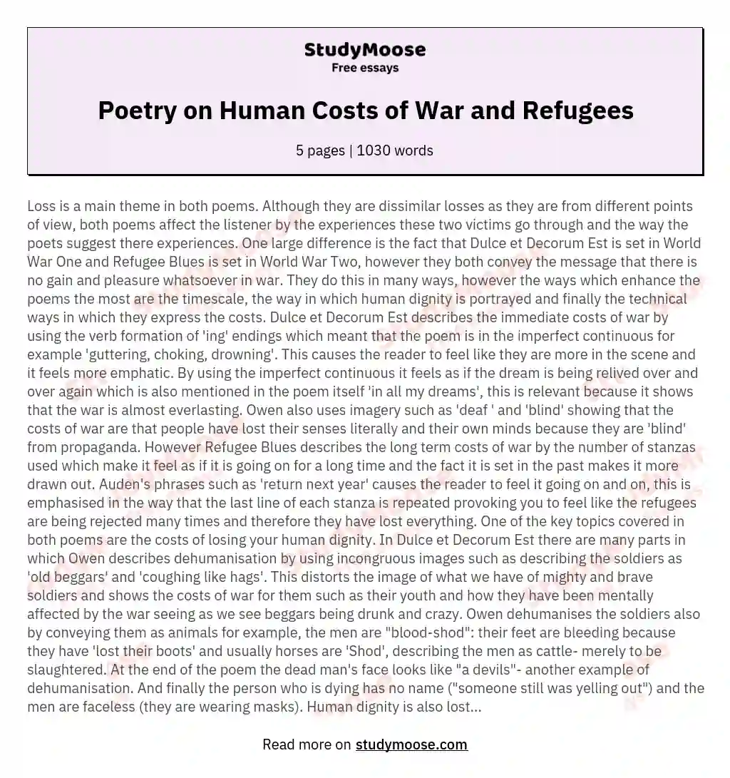Poetry on Human Costs of War and Refugees essay
