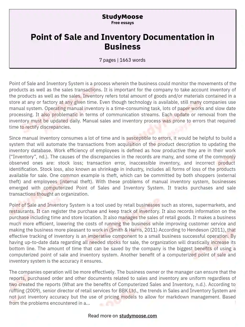 Point of Sale and Inventory Documentation in Business essay