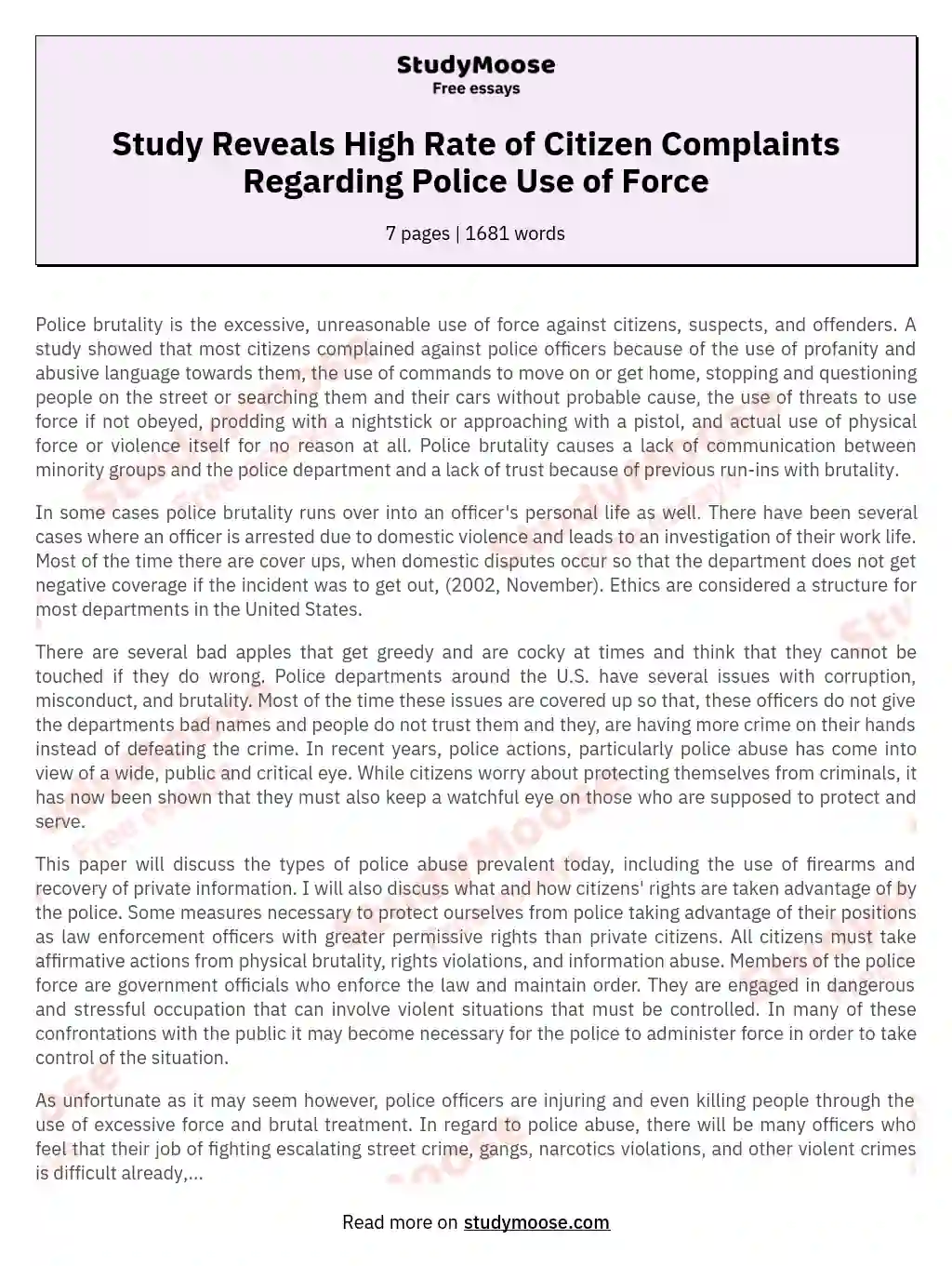 Study Reveals High Rate of Citizen Complaints Regarding Police Use of Force essay