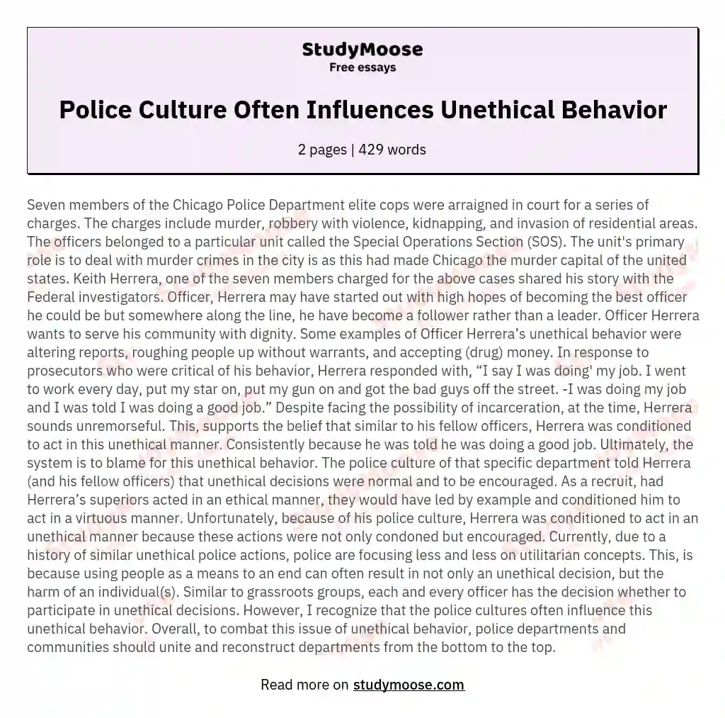 Police Culture Often Influences Unethical Behavior essay