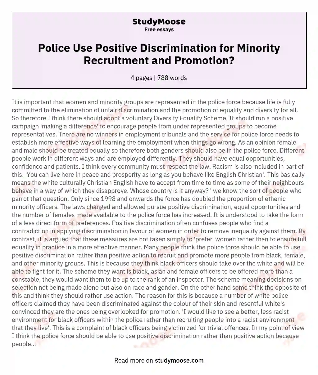 Police Use Positive Discrimination for Minority Recruitment and Promotion? essay