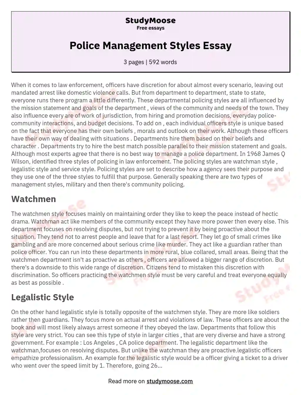 Police Management Styles Essay essay