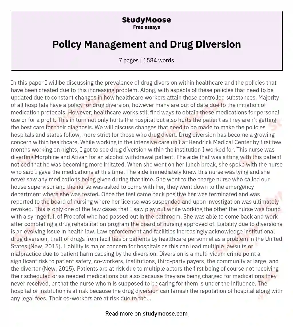 Policy Management and Drug Diversion essay