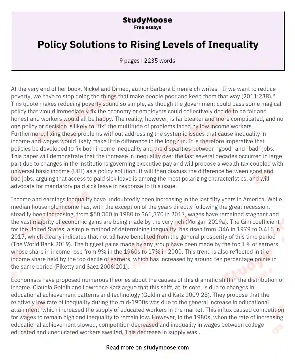 Policy Solutions to Rising Levels of Inequality essay