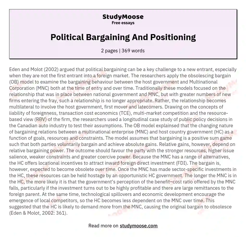 Political Bargaining And Positioning essay
