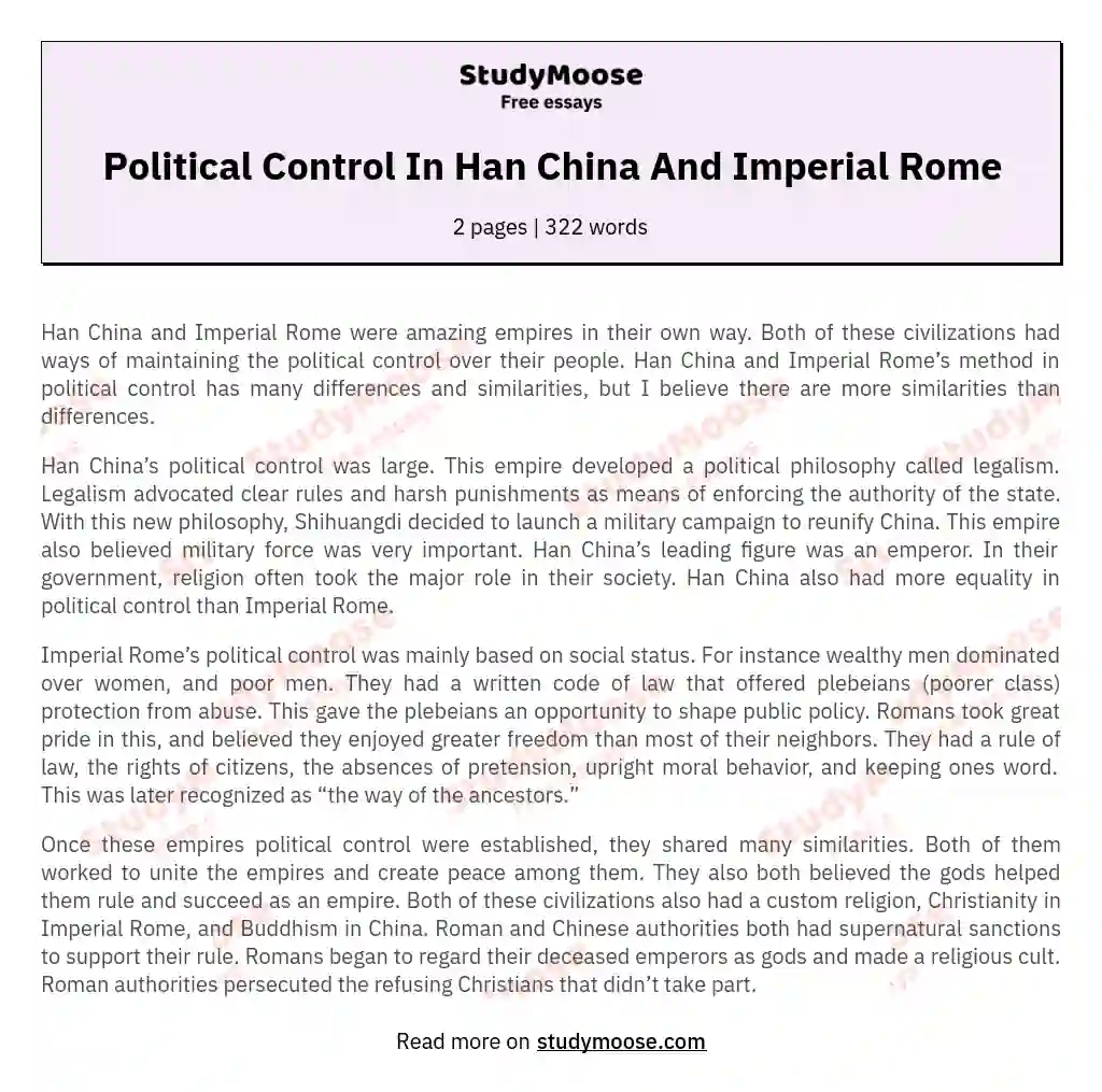 Political Control In Han China And Imperial Rome essay