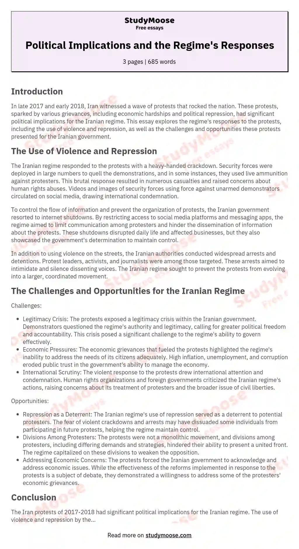 Political Implications and the Regime's Responses essay
