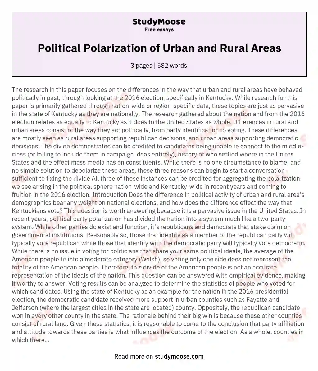 Political Polarization of Urban and Rural Areas essay