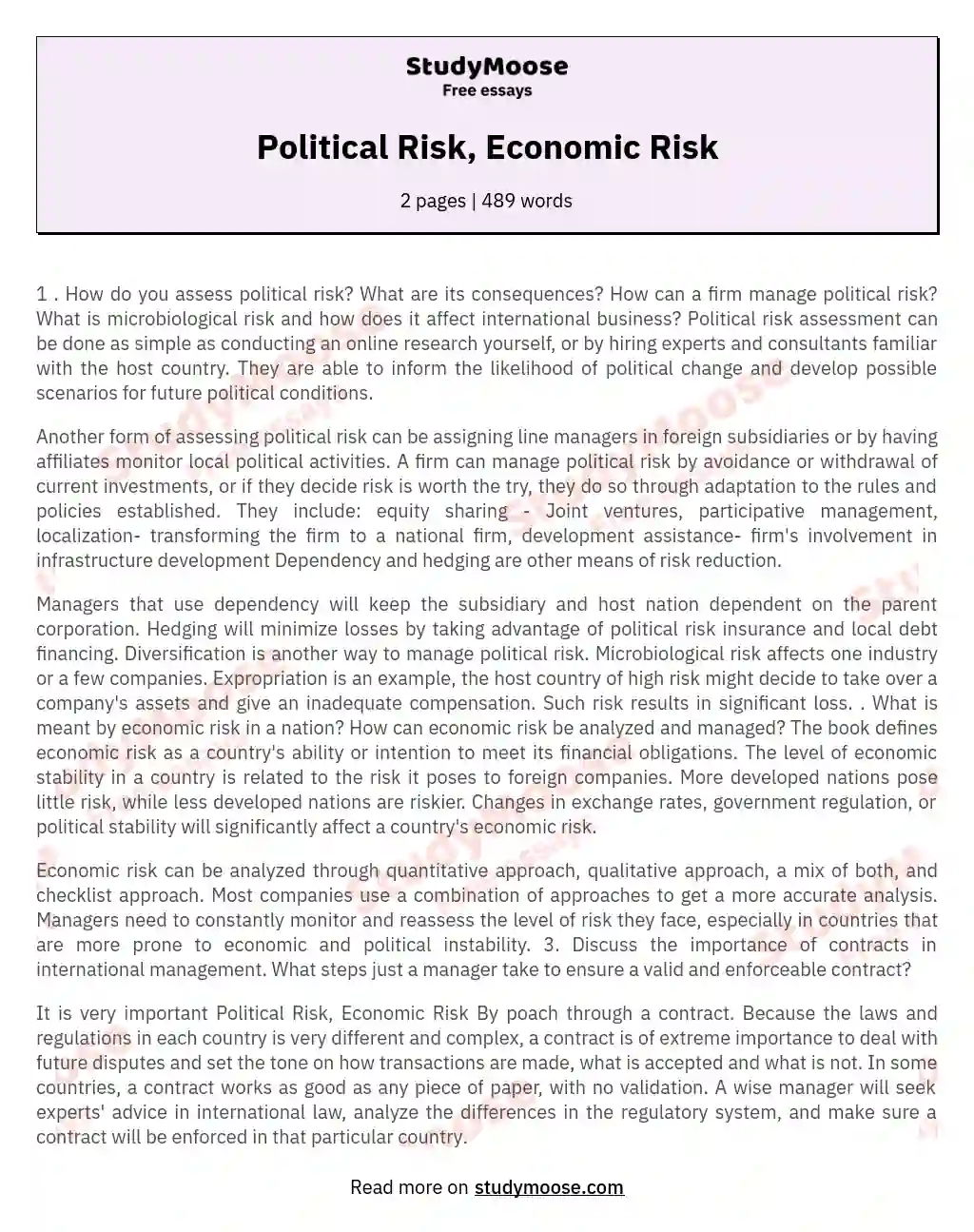 Political Risk, Economic Risk