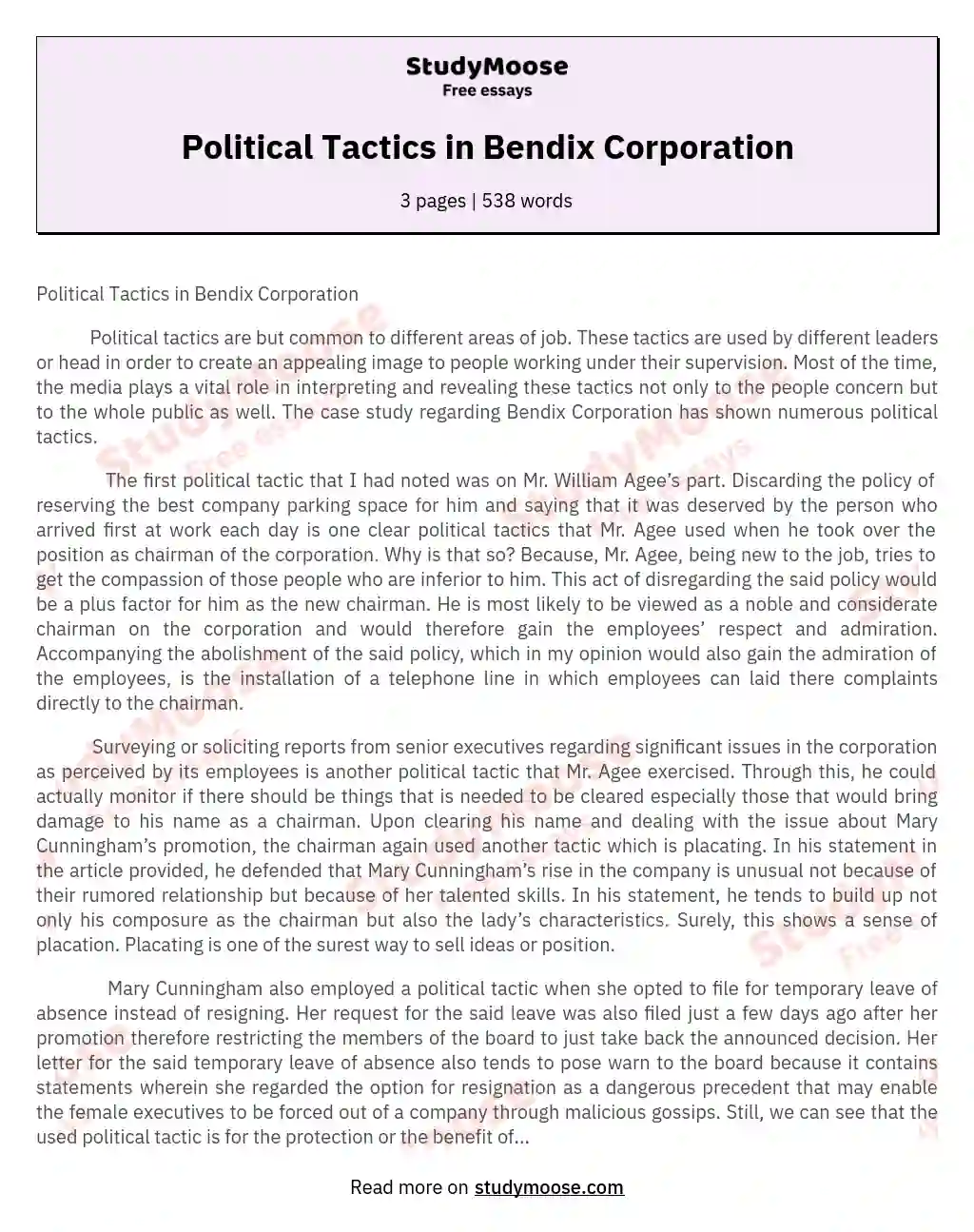 Political Tactics in Bendix Corporation