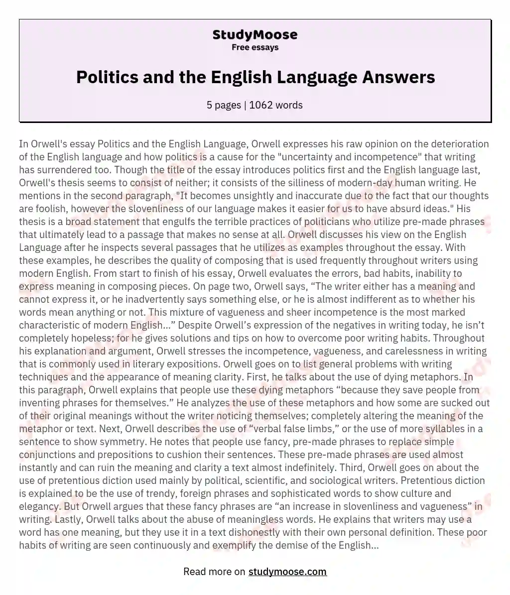 Politics and the English Language Answers essay