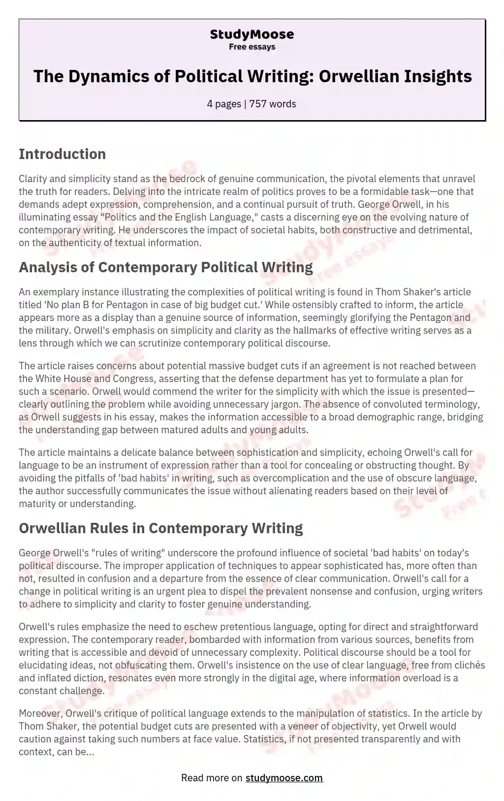 The Dynamics of Political Writing: Orwellian Insights essay